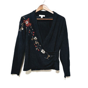 Coldwater Creek Crossover Sweater Embroidered Beaded Floral Size M Grandma Chic